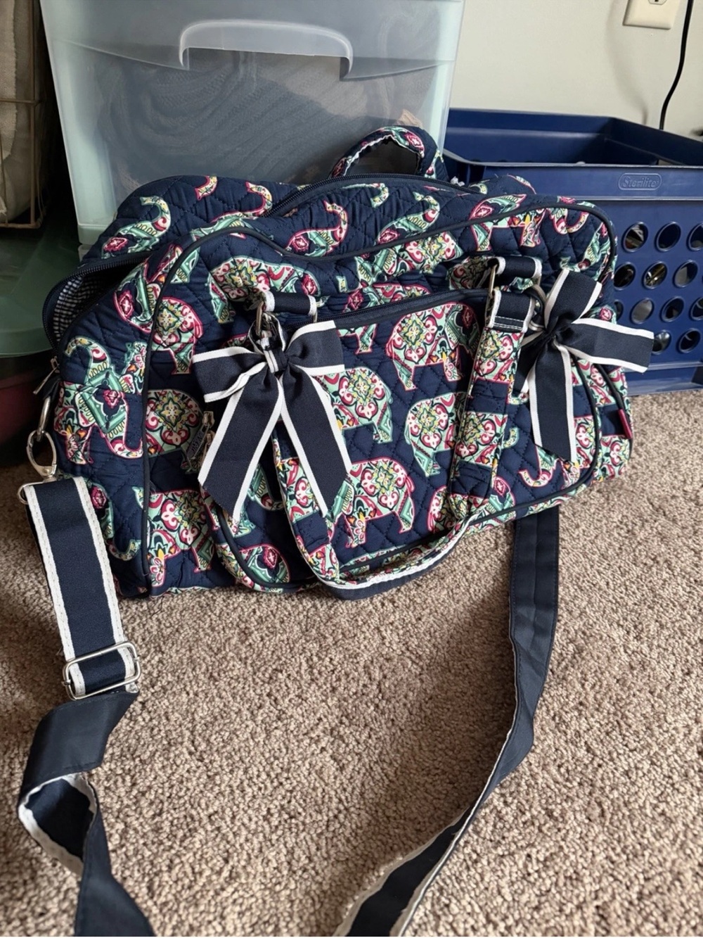 Vera Bradley Navy Quilted Floral-Pattern Baby Bag with Striped Bows